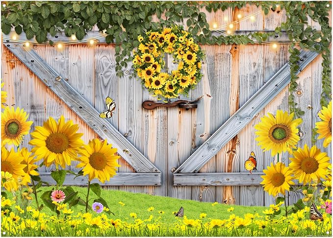 Sunflower Photo Backdrop for Photography, 8x6ft | Vinyl Wall Background for Photoshoot, Yellow Flower, Rustic Barn Wood Door, for Birthday Decorations, Outdoor Party by TERSUM