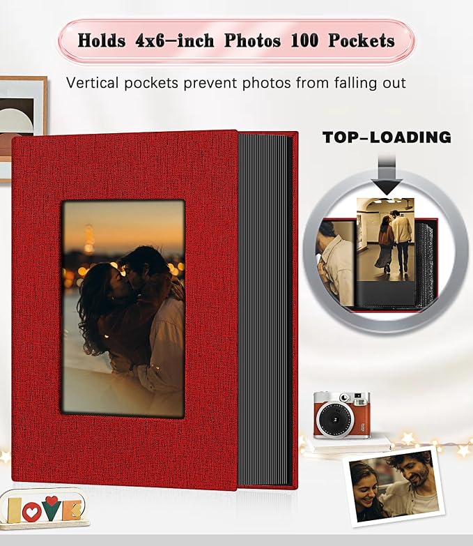 Ejblfe Photo Album 4x6,Linen Cover Slide-in Photo Album Book Can Holds 100 4x6 Photos with 50 Black Sheets for Family,Wedding,Baby and Holiday Pictures (Red) - Image 3