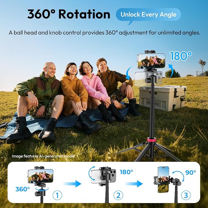 ULANZI MT-44B Phone Tripod, 59'' Auto Open Phone Stand Dual Camera Set up | 360° Ball Head, Extendable Selfie Stick w Cold Shoe, Stable Four-Leg for Filming Vlog Travel, Family Gatherings - Image 4