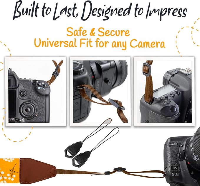 Art Tribute Camera Strap - Shoulder, Crossbody & Neck Camera Strap for Photographers, Fits All Cameras, Canon Nikon Sony Fujifilm, Padded Strap W/Quick Release, Embroidered Cotton & Leather Ends - Image 7