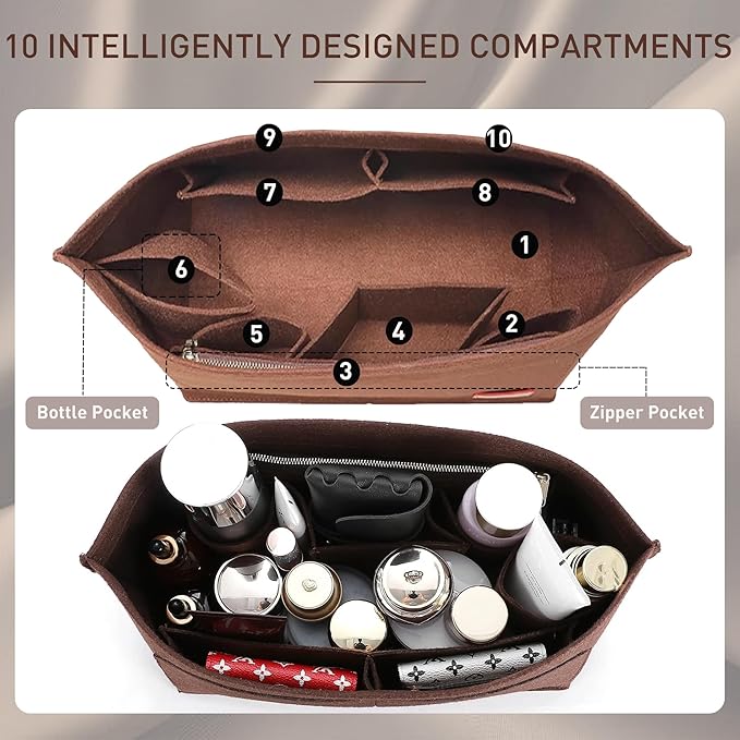 Doxo Purse Organizer Insert for Handbags & Base Shaper 2pc Set, Felt Neverfull MM Organizer Insert, Tote Bag Organizer with Zipper Pocket and Bottle Holder, Fit Speedy 30 Neverfull MM and More,Brown-L - Image 4