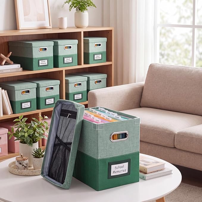 1 Set School Memory Box Organizer, School Keepsake Organizer K-12,Green | with 15 Hanging File Folders, 4 Labels, 3 Sticker, Mesh-Pocket Lid, for Letter/A4, Report Cards, Photos, Awards, File Keeper - Image 7