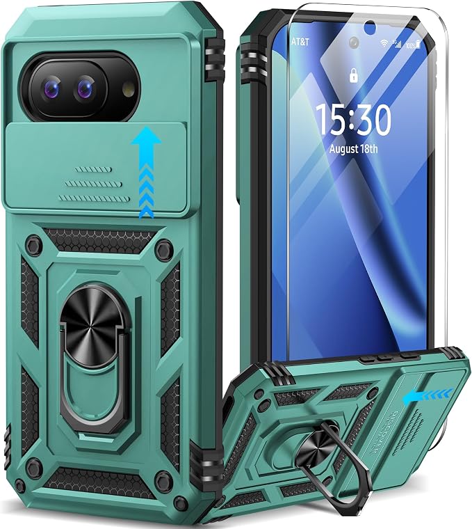 Taisairu for Google Pixel 10A Case with Screen Protector & Slide Camera Lens Cover,Built-in 360°Rotate Magnetic Ring Stand Shockproof Protective Phone Case for Google Pixel 10A Case (Green) by Taisairu