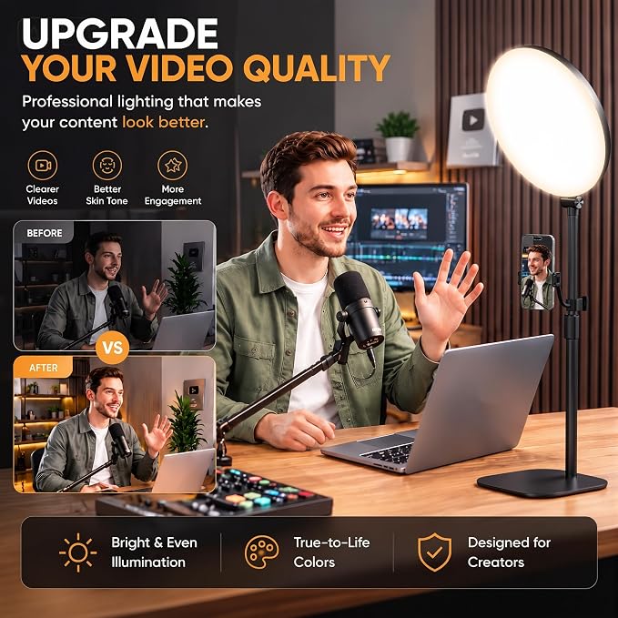 10" Full-Panel Desk Ring Light with Stand & Flexible Phone Holder, 24W 1100LM Light for Video Recording, 5 Color Modes up to 6500K, CRI 95+ for Computer, Podcast, Streaming, Zoom & Video Calls - Image 2