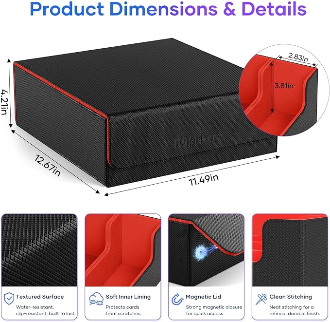 Mlikero Trading Card Storage Box, Bulk Card Storage for 2400+ Sleeved Cards, PU Leather Magnetic Closure Card Organizer with 10 Dividers & 4 Foam Stoppers, Fit for MTG, TCG and Sports Cards (Red) - Image 6