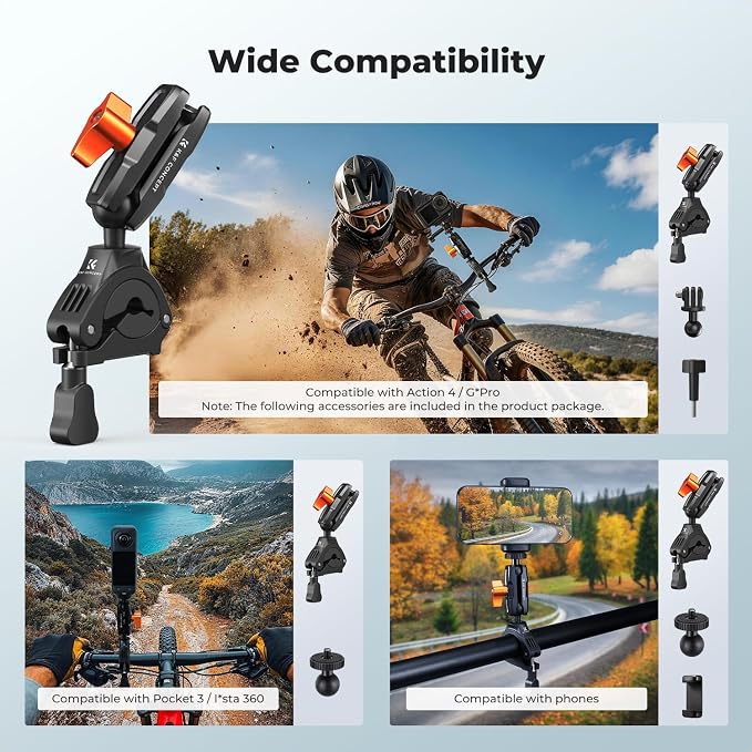 K&F CONCEPT Handlebar Bike Mount with 360° Dual Ball Head, Camera Clamp | Mount Compatible with Hero 13/12/11/10, Osmo Action 6 5 4 Pro, 360 X5 X4 and Smartphones, MS70 - Image 3