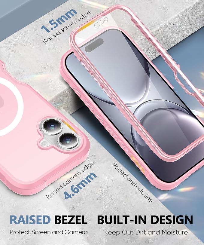 Magnetic for iPhone 16 Case Built-in Screen Protector, Pink | with Camera Lens Protector, [Compatible with MagSafe] Full Body Phone Case, Protective Cover for iPhone 16 6.1" - Image 4