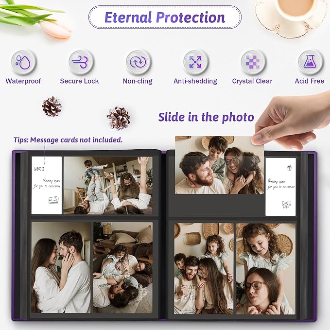 Popotop 4x6 Photo Album Holds 300 Pictures, Vegan Leather Hardcover | 300-Photos Capacity, Acid-Free PP Slip-In Pockets, Mixed-Orientation Layout, Front Photo Window, Gifts for Wedding Baby - Image 3