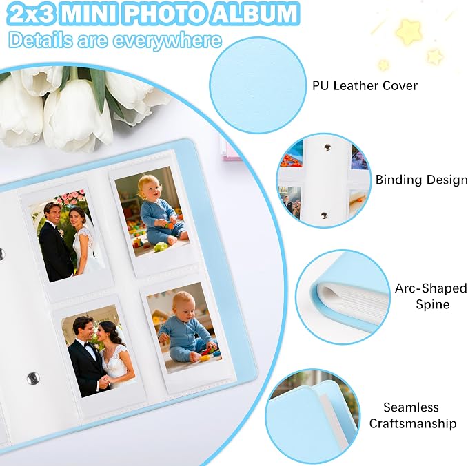 Ruibytree 320 Pockets Album for Instax Mini & Polaroid 2x3" Pictures, Blue | Gift-Ready Packaging, PU Leather Cover, Acid-Free Pages, Side-Loading Clear Pockets, Durable Binding, Easy Photo Viewing - Image 6
