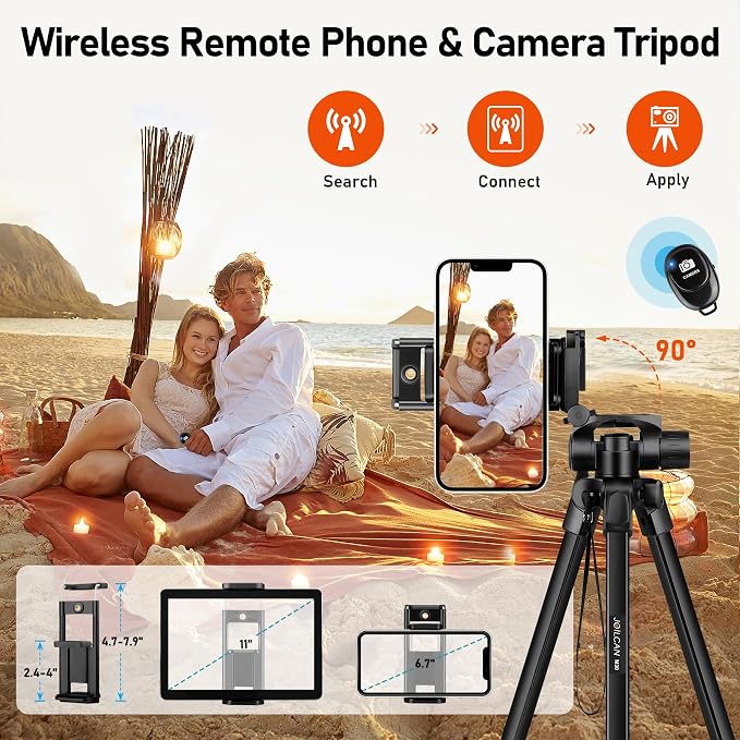 JOILCAN Camera Tripod, 68" Tablet Tripod Stand for Phone Camera | Travel Tripods Compatible with iPad iPhone DSLR SLR Projector, Cell Phone Tripods Stand with Remote/Travel Bag / 2 in 1 Mount - Image 2