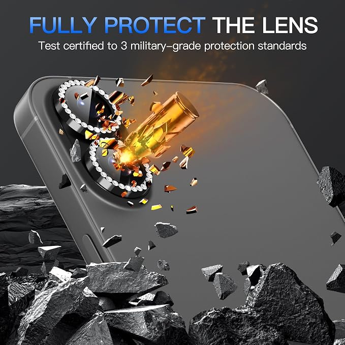 Suoman for iPhone 17 Camera Lens Protector, Glitter Diamond Individual Metal Tempered Glass Camera Lens Cover [Strong-Adhesion][Does not Affect Night Shots] -Black - Image 4