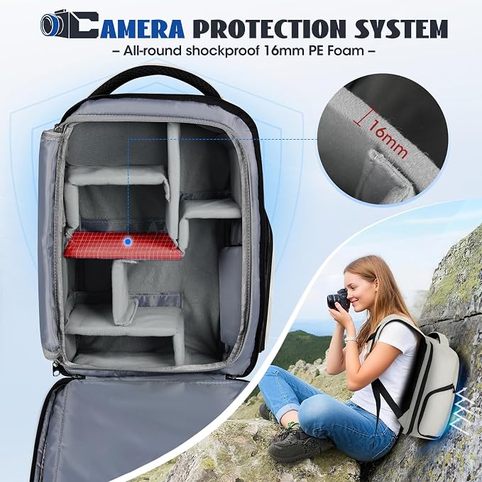 Camera Backpack Camera Bag for Photographers DSLR SLR Mirrorless Camera Cases with Waterproof Rain Cover & Laptop Compartment Fits 14 Inch Laptop,Anti Theft Travel photography backpack,Beige - Image 4