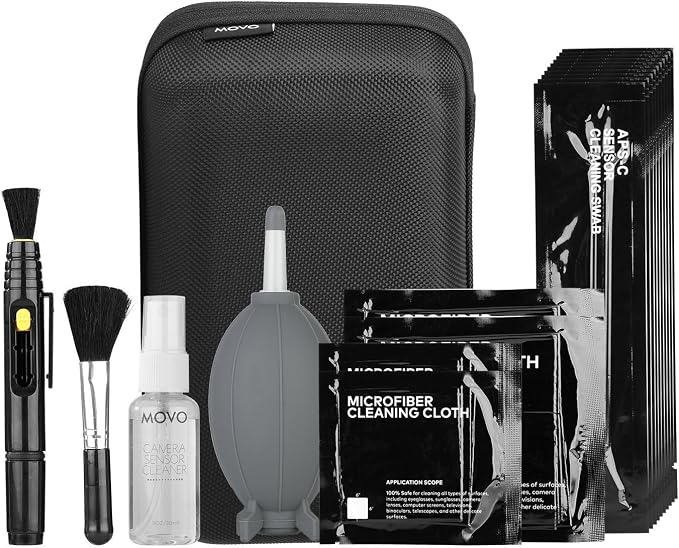 Movo Deluxe Essentials DSLR Camera Cleaning Kit with 10 APS-C Cleaning Swabs, Sensor Cleaning Fluid, Rocket Air Blower, Lens Pen, Soft Brush, 2X Small and 2X Large Microfiber Cloths and Carrying Case by Movo