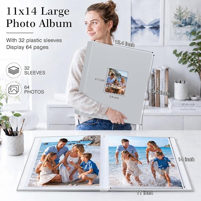 Aevdor 11x14 Photo Album and Art Portfolio, 64 Photos, Linen Cover, Grey | Front Display Window, Clear 11x14 Sleeves for Oversized Prints, Certificates, Artwork & Drawings - Image 3