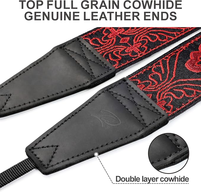 Padwa Lifestyle Camera Strap - 2" Full Grain Leather Ends Camera Straps for Photographers, Vintage Red Embroidered Cotton Weave Soft Suede Fabric Padded Strap Quick Release fits All Cameras - Image 2