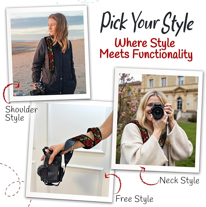 Camera Strap - Shoulder, Crossbody & Neck Camera Strap for Photographers, Fits All Cameras, Canon Nikon Sony Fujifilm, Padded Strap W/ Quick Release, Embroidered Cotton & Leather Ends, Red Roses - Image 6
