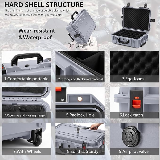 Relaxweex Rolling Camera Hard Case with 24 Padded Dividers & Wheels | Impact-resistant, Protective, Waterproof, Hard Shell Travel Case for Cameras, Lenses & Accessories, 26 x 20 x 10 Inch, Gray - Image 3