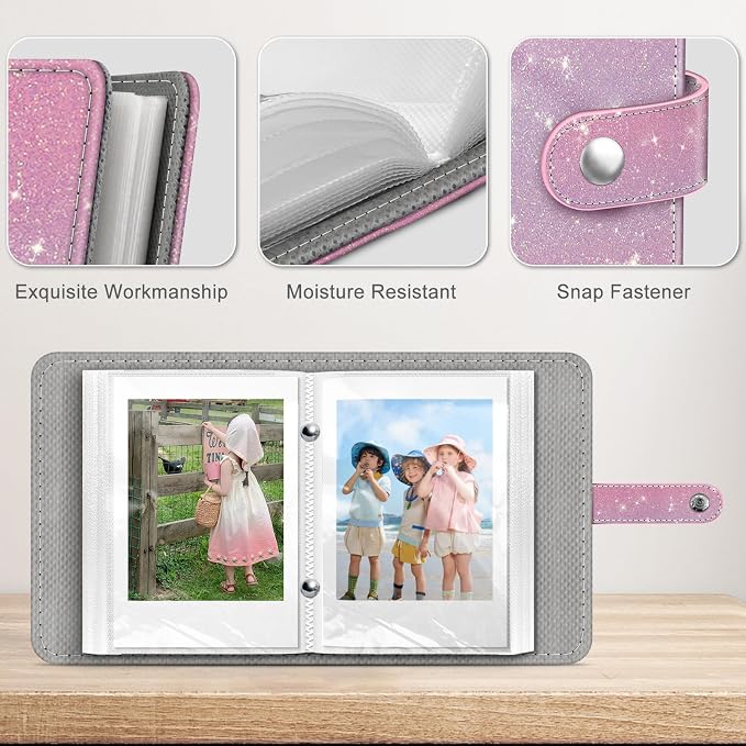 Fintie Mini Photos Album Book for 2x3 Inch Films - 52 Pockets Small Albums | For Fujifilm Instax Mini, Polaroid Hi-Print Pictures, Portable Kpop Photocard Holder, Travel Memory Book, Glitter Purple/Pink - Image 3