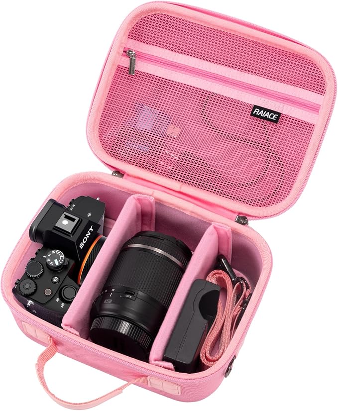 RAIACE Hard Case Compatible with Sony Alpha 7 II III IV/7R V Camera, for Nikon, for Canon, for Pentax and More. Mesh Pocket for Charger, Cables, Cards and Accessories. (case only) - Pink by RAIACE