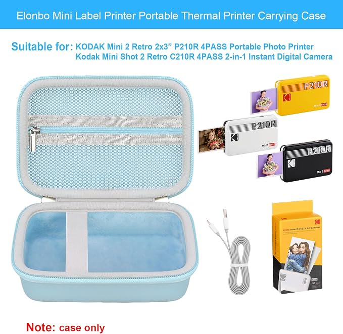 Elonbo Carrying Case for KODAK Mini 2 Retro 2x3 Portable Photo Printer | Bluetooth Smartphone Instant Color Printer Hard Travel Protective Bag, Mesh Pocket fits Cartridge Photo Paper Sheets, Blue - Image 2
