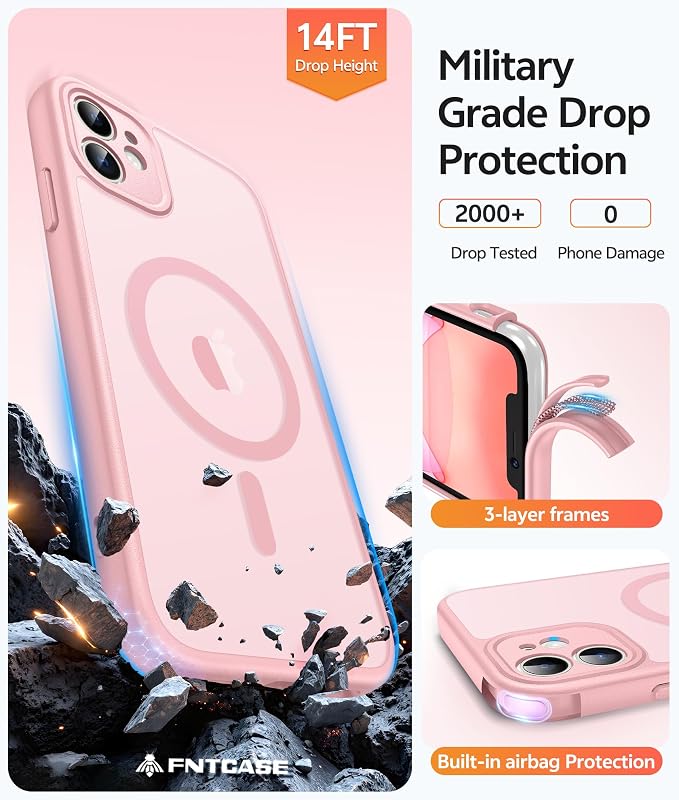 FNTCASE for iPhone 11 Phone Case, Fit for Magsafe, Full Camera Protection | Translucent Matte Back, Strong Magnetic Charging,14FT Military Grade Drop-proof, Anti Slip,Light Pink - Image 4