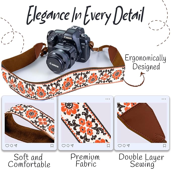 Art Tribute Camera Strap - Shoulder, Crossbody & Neck Camera Strap for Photographers, Fits All Cameras, Canon Nikon Sony Fujifilm, Padded Strap W/Quick Release, Embroidered Cotton & Leather Ends - Image 3