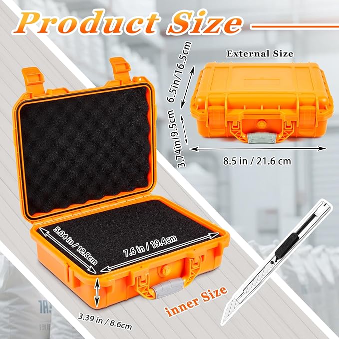Relaxweex 1 Pcs Waterproof Hard Case with DIY Customizable Foam Insert Portable Protective Case with Knife for Camera Drones Equipments Tools Test Instruments(Orange,8.5 x 6.5 x 3.7 Inch) - Image 2