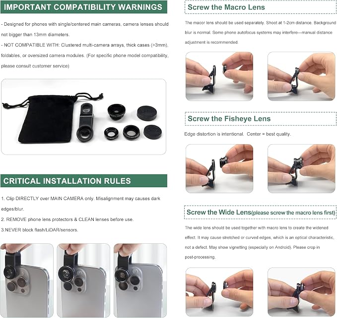 Ailun Phone Lens, 3 in 1 Clip on Fish Eye Lens+Wide Angle+Macro Lens | 180 Degree Fish Eye Lens, 0.65X Wide Angle, 10X Macro Lens, Universal HD Camera Lens kit, For Mobile Phone & Smartphone - Image 7
