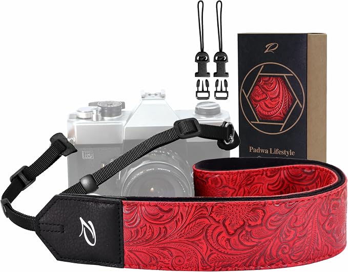 Padwa Lifestyle Camera Strap - 2" Red Faux Leather Carving Camera Straps with Full Grain Leather Ends for Photographers, Vintage Soft Suede Fabric Padded Strap Quick Release fits All Cameras by PadwaLifestyleCameraStrap