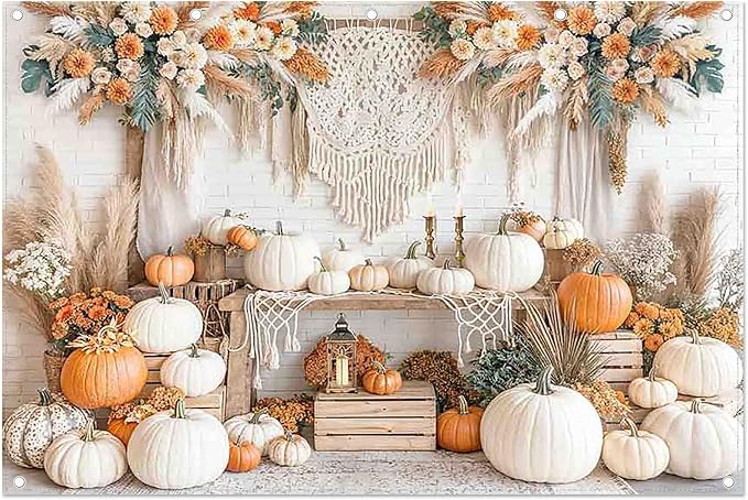Fabric 12x8ft Autumn Boho Pumpkin Backdrop Fall Harvest Banner | Thanksgiving Day Floral Photography Background, Family Girl Women Party Decorations, Wedding Baby Shower Photo Props by ZTHMOEBACKDROP