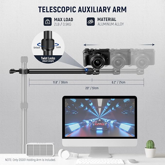 NEEWER Tabletop Overhead Camera Mount Arm, 11.8"-20"/30-51cm Telescopic Extension Arm for Desk Stand with Ball Head Mount 1/4" 3/8" 5/8" Screws for Webcam Camera LED Ring Light Microphone, DS001 | Extension Arm for Table Stand, Ball Head Mount, 1/4 Inc... - Image 2
