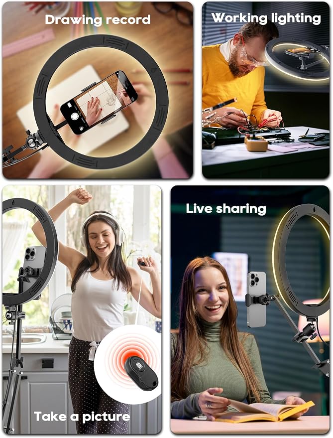 Upgrade Ring Light Overhead Phone Mount, 12”Circle LED Desk Ring Light with Clamp for Video Recording,Flexible Articulating Phone Arm Stand Compatible with iPhone,Live Streaming YouTube Tiktok - Image 8