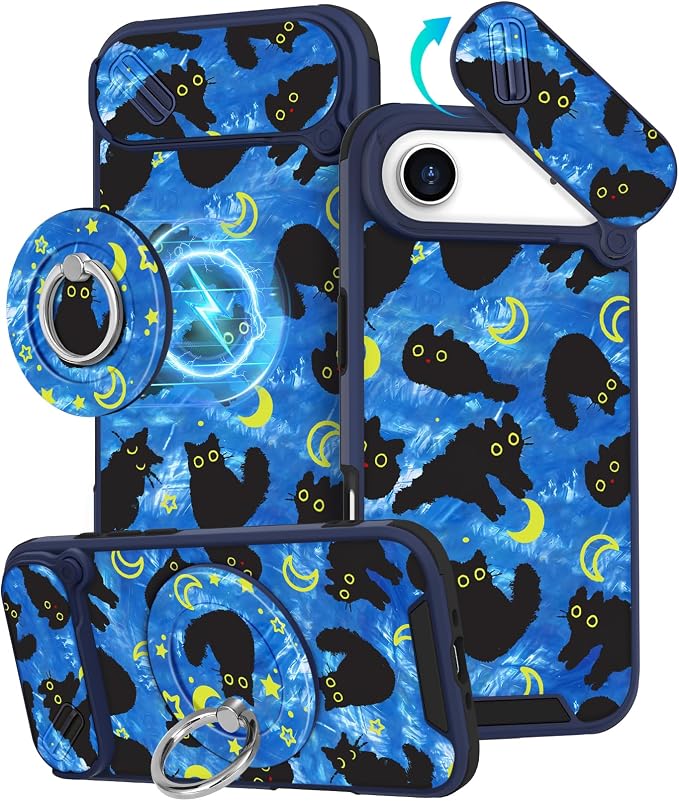 Buleens for iPhone 17 Air Case 6.5 Inch - with Ring Stand & Camera Cover Aesthetic Cute Designed for Women Girls Girly Kawaii Blue Cat Stars Phone Case for iPhone 17 Air Compatible with Magsafe by Buleens
