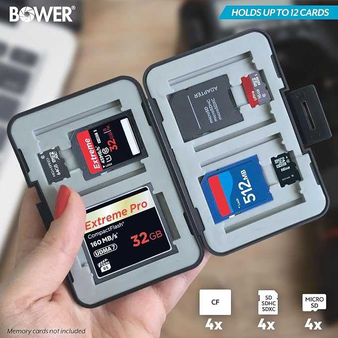 Bower Sky Capture Series Memory Card Case | Rugged Hard Plastic Exterior with Shock Absorbing Liner, Secures up to 12 Memory Cards with Snap-in Locking System for SSD/SD/Mini SDHC Flash Drive | Black - Image 2