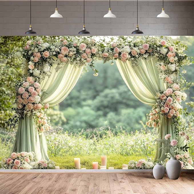 7X7ft Sage Green Floral Wall Backdrop Green Wedding Flower Arch Photography Background Spring Tea Party Backdrop Floral Girls Birthday Weeding Valentine's Day Mother's Day Event Banner Photo Props - Image 2