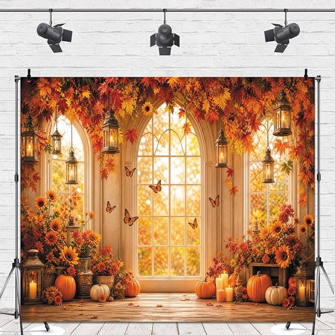 Fall Butterfly Floral Backdrop for Photography 10x10ft Autumn Window Pumpkin Maple Flowers Backdrop Thanksgiving Theme Background Birthday Party Decorations Photo Booth Props Vinyl - Image 4