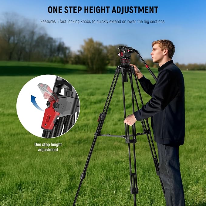 NEEWER 78" Video Camera Tripod Carbon Fiber with Damping Adjustable Fluid Head, One Step Quick Release with QR Plate & Handle, Heavy Duty Tripod Stand for DSLR Cameras Camcorders, Max Load 22lb, LL37 - Image 3