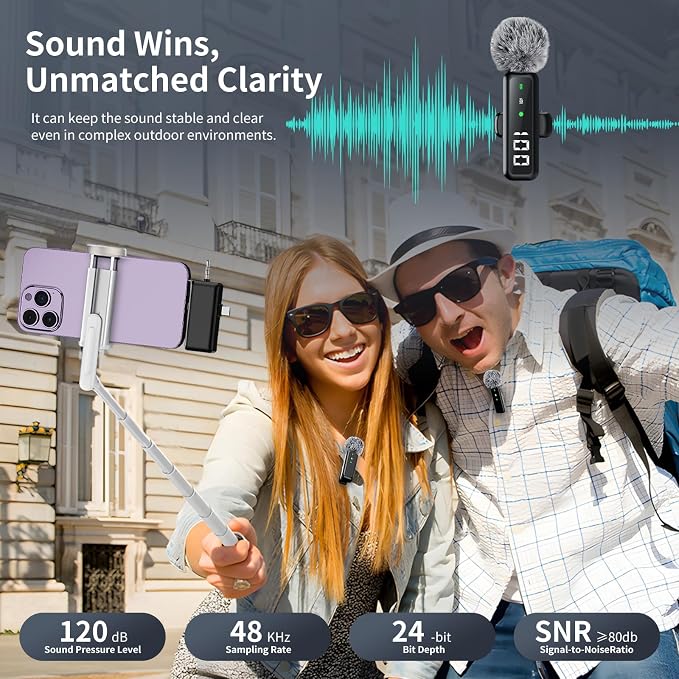 Microphone for iPhone & Android, Wireless Mini Microphone | Battery Display, Clear Voice, Noise Cancelling, 3 in 1 Lavalier Mic for TikTok, YouTube & Interviews, Dual Mic - Image 4