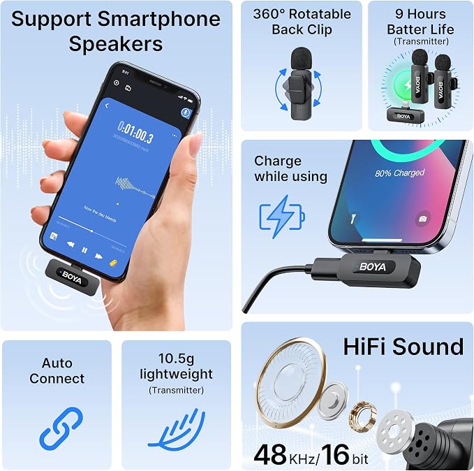 BOYA BY-V2 Wireless Microphones for iPhone iPad with MFi Certified Lightning Port, 328ft Range, 9H Battery Life, Noise Reduction Mini Mic Clip on Lapel Microphone Wireless for Video Recroding - Image 4