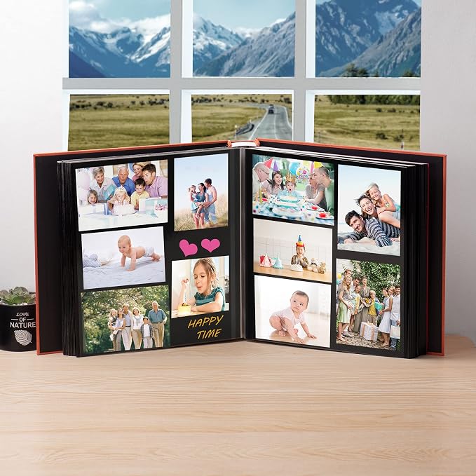 Large Photo Album Self Adhesive 4x6 5x7 3x5 8x10 Scrapbook Magnetic Album DIY Scrap Book Length 13 x Width 12.8 (Inches) 120 Black Sticky Pages Linen Cover DIY Photo Album(Orange) - Image 3