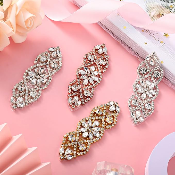 Jutom 4 Pcs Rhinestone Appliques Iron on Patches Wedding Dress Sash,Silver | Hot Fix Crystal Patches, Bridal Belt, Hair Accessories, Shoes, Easy Heat Application, Elegant Floral Design for Sewing - Image 3