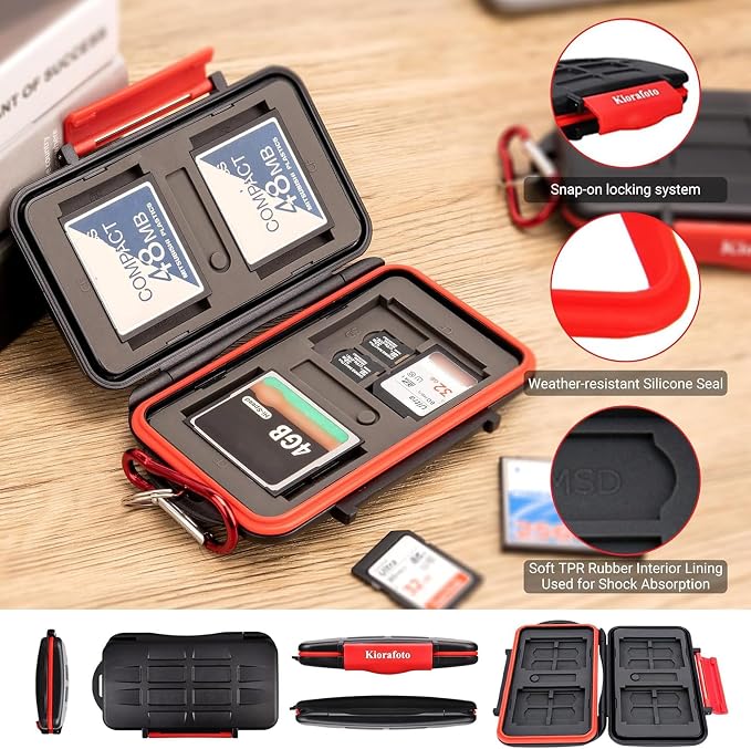 Kiorafoto 28 Slots Memory Card Case for 16 MicroSD + 8 SD + 4 Compact Flash | IPX5 Water-Resistant,SD SDHC SDXC Micro SD TF CF Card Holder Wallet,Hard Shell with Rubber Interior & Carabiner & Sim Tool - Image 4