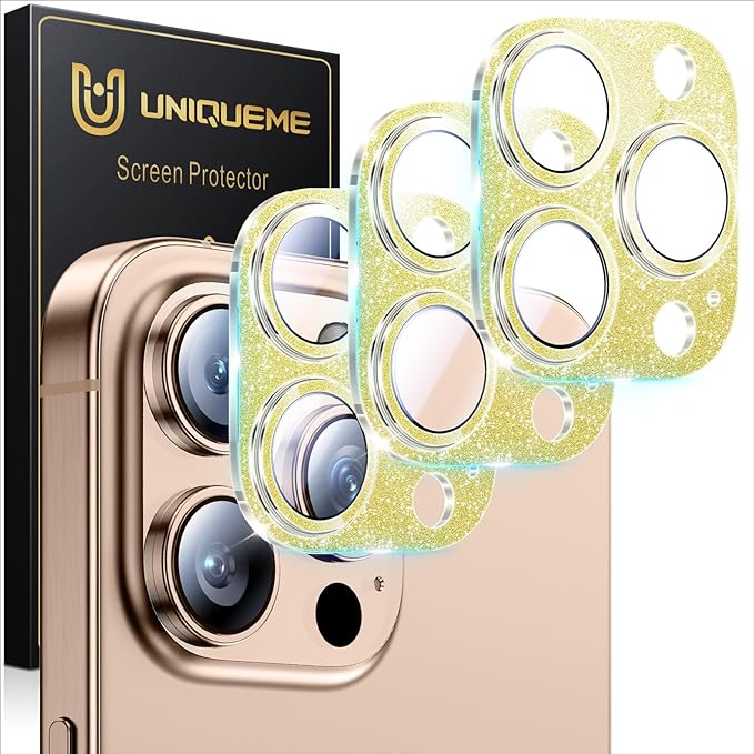 UniqueMe for Phone 16 Pro/16 Pro Max Camera Lens Protector - Glitter Gold | 3 Pack-Drop Protection,Case Friendly,9H Tempered Glass,Camera Cover Screen,Update New Version by UniqueMe