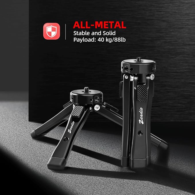 Zeadio Heavy Duty Mini Metal Tripod Stand - Universal Small Table Tripod for Camera, Gimbal, Action Cam, Camcorder, Microphone, LED Light, etc(40kg/88lb Load) - Image 2
