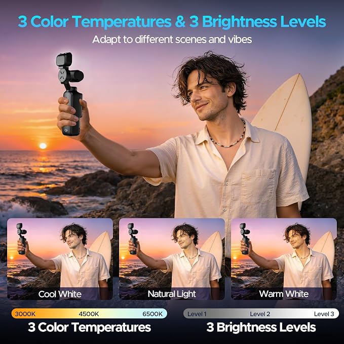 EMART Magnetic DJI Osmo Pocket 3 Light, LED Rechargeable Video Lighting | 3 Color & Brightness Levels, Magnetic Mount, Portable Mini Selfie Fill Light, Accessories for Xtra Muse Vlogging Recording - Image 3