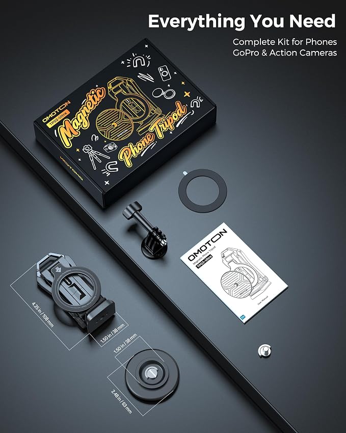 OMOTON TP02-Ultra Multi-Device Camera & Phone Mount with 1/4" Adapter Black | Built-In 1/4" & Arca Base, Clamp, Magnetic & Tripod Setups for iPhone, Pocket/Action Cameras, Overhead & Low-Angle Filming - Image 9