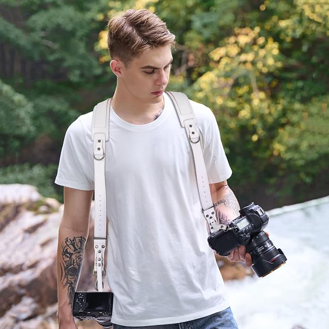 Padwa Lifestyle White Dual Camera Harness for Two Cameras - Wide Strap with Thick Shoulder Padded,Full Grain Leather Double Harness,Multi Camera Gear for DSLR Strap for Photographers - Image 4