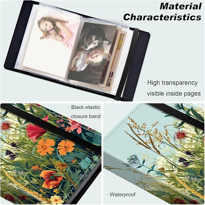 DEGDFSGR Small Photo Album 4x6 60 Pockets 120 Photos - Adventure Book Baby Photo Albums Photo Books for 4X6 Pictures Memory Book with Black Elastic Band for Photo Storage, A Grassy Field With Flowers - Image 5