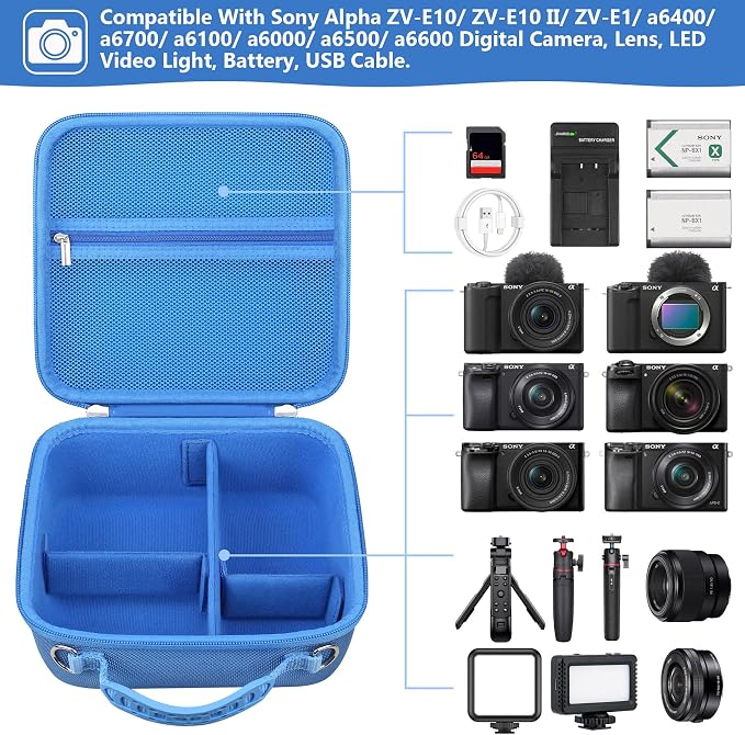 Carrying Case for Sony Alpha ZV-E10/ ZV-E10 II/ZV-E1/ a6400/ a6700/ a6100/ a6000/ a6500/ a6600 Digital Camera, Vlog Camera Kit Storage Holder Fits Tripod, Lens, LED Video Light, Battery, Blue - Image 2