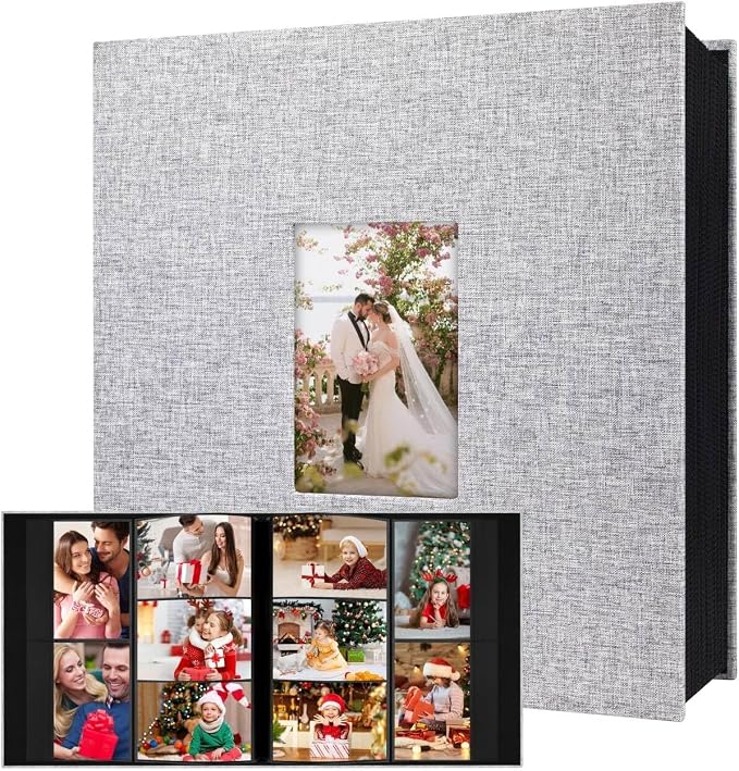 Aevdor Large Capacity 4x6 Photo Album, 1000 Photos, Linen Cover, Grey | Black Inner Pages, 3 Horizontal and 2 Vertical Pockets per Side, Front Photo Window, Family, Wedding & Travel Memories by Aevdor